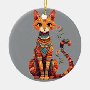 Cute Artistic Cat with Floral Branch Ceramic Ornament