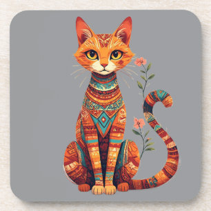 Cute Artistic Cat with Floral Branch Coaster