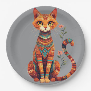 Cute Artistic Cat with Floral Branch Paper Plate