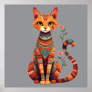 Cute Artistic Cat with Floral Branch Poster