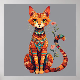Cute Artistic Cat with Floral Branch Poster