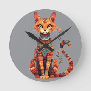Cute Artistic Cat with Floral Branch Round Clock
