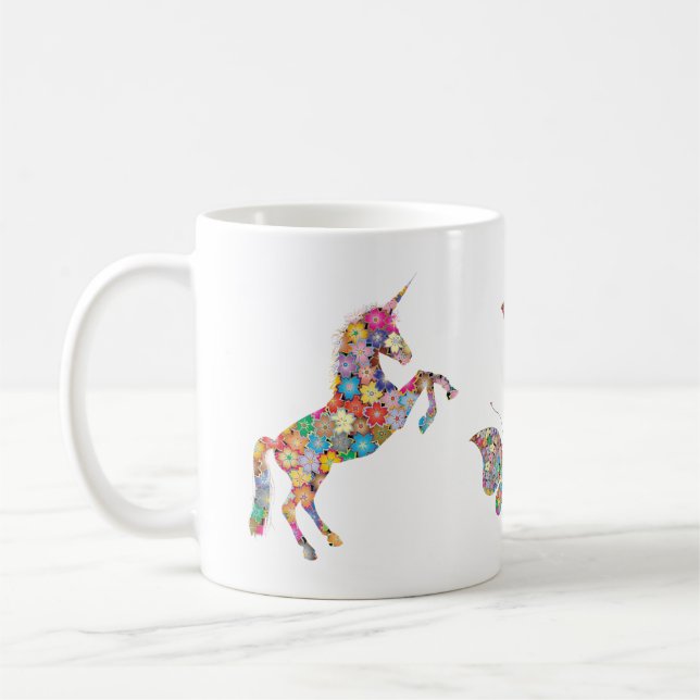 Cute Artistic Unicorn Butterflies Personalize Name Coffee Mug (Left)