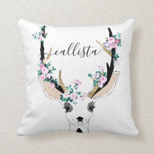 Cute Artsy Pink Floral Deer Animal Illustration Cushion