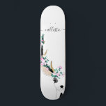 Cute Artsy Pink Floral Deer Animal Illustration Skateboard<br><div class="desc">This cute and artsy illustration is a beautiful depiction of one of nature's most loved animals. It features a hand-drawn black outlined deer with pink, teal green, and purple flowers and leaves arrangements around her antlers which are coloured in faux gold foil and black. It's placed on a white background...</div>