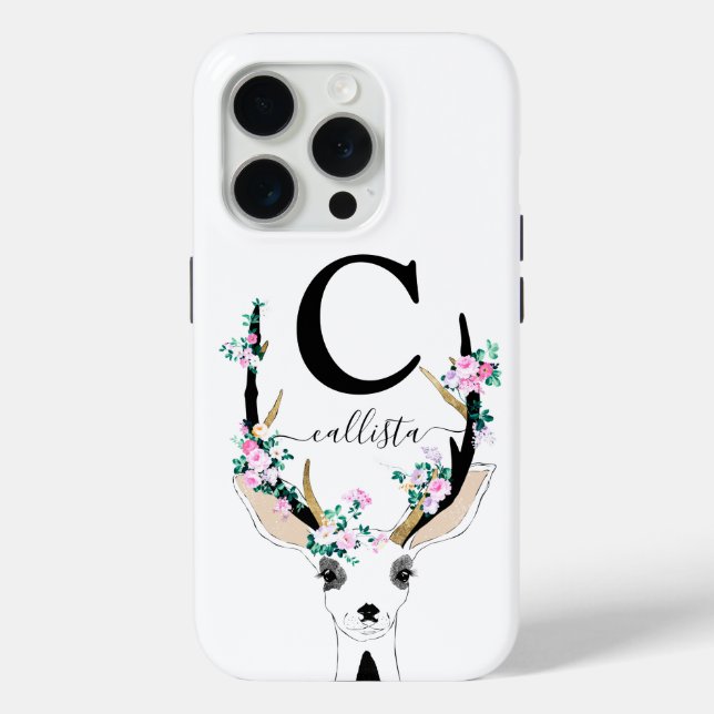 Cute Artsy Pink Floral Deer Animal Monogram Case-Mate iPhone Case (Back)