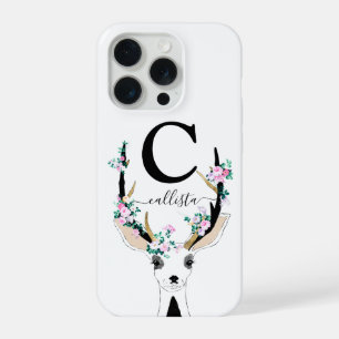 Cute Artsy Pink Floral Deer Animal Monogram iPhone 15 Pro Case