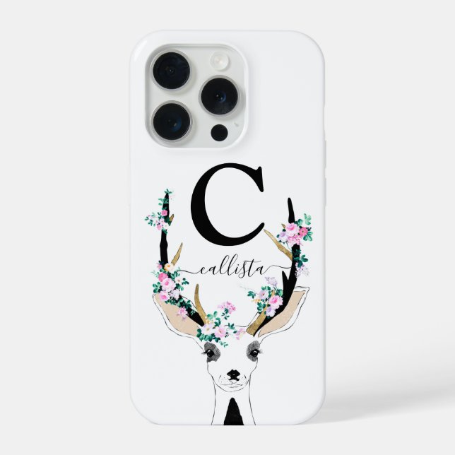 Cute Artsy Pink Floral Deer Animal Monogram iPhone Case (Back)