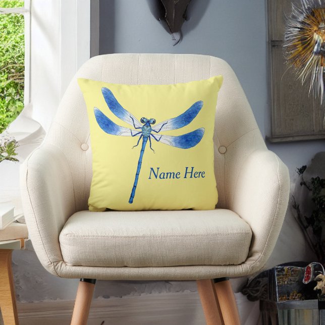 Cute as a Bug Blue Dragonfly on Pale Yellow Cushion (Creator Uploaded)