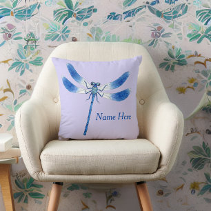 Cute as a Bug Blue Dragonfly on Violet Purple Cushion