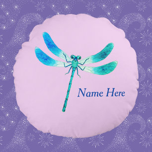 Cute as a Bug Blue Green Dragonfly on Pink Round Cushion