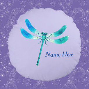 Cute as a Bug Blue Green Dragonfly on Violet Round Cushion