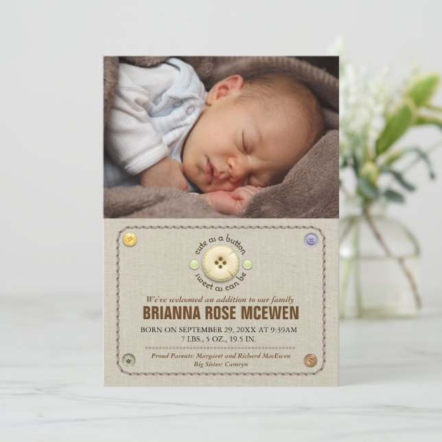 Cute as a Button Baby Photo Birth Announcement (Standing Front)