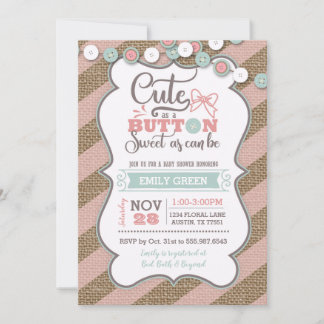 Cute As A Button Baby Shower Invitation Mint Pink