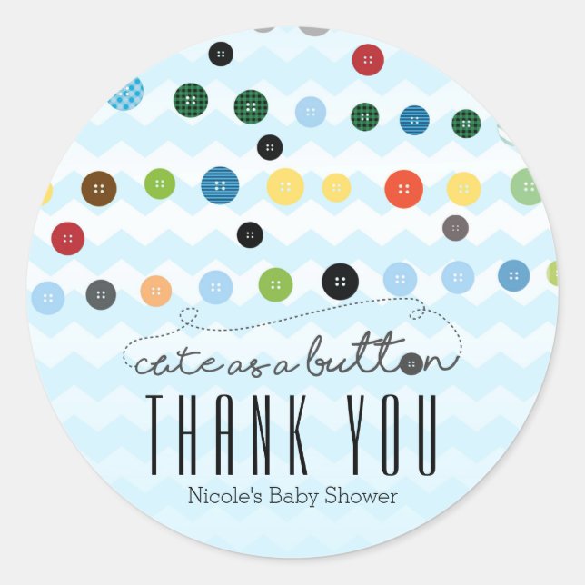 CUTE AS A BUTTON Baby Shower Party Favour Stickers (Front)