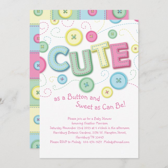 Cute as a Button Baby Shower Sewing Quilting Invitation (Front/Back)
