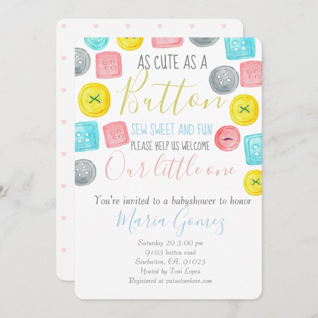 Cute as a button babyshower invitation (Front/Back)