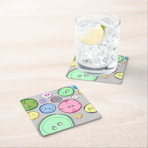 Cute as a Button Colorful Digital Illustration Square Paper Coaster