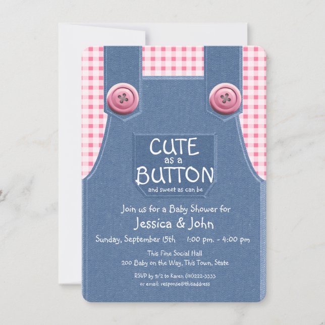 Cute as a Button Denim and Pink Invitation (Front)