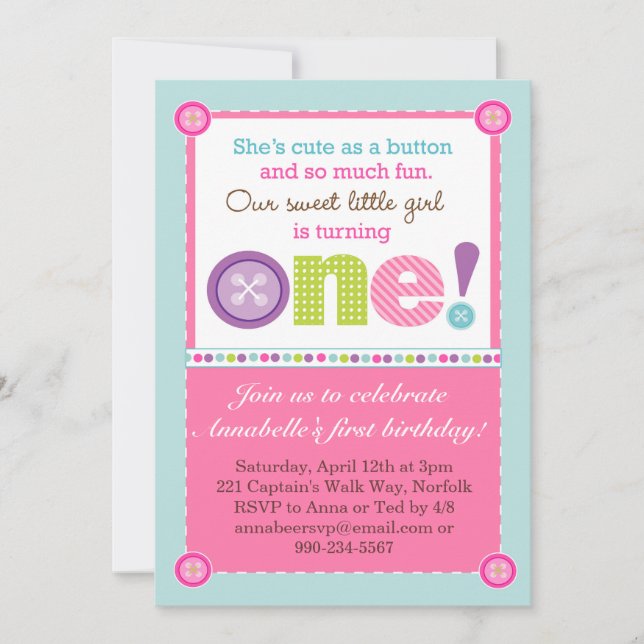 Cute as a Button First Birthday (Photo) Invitation (Front)