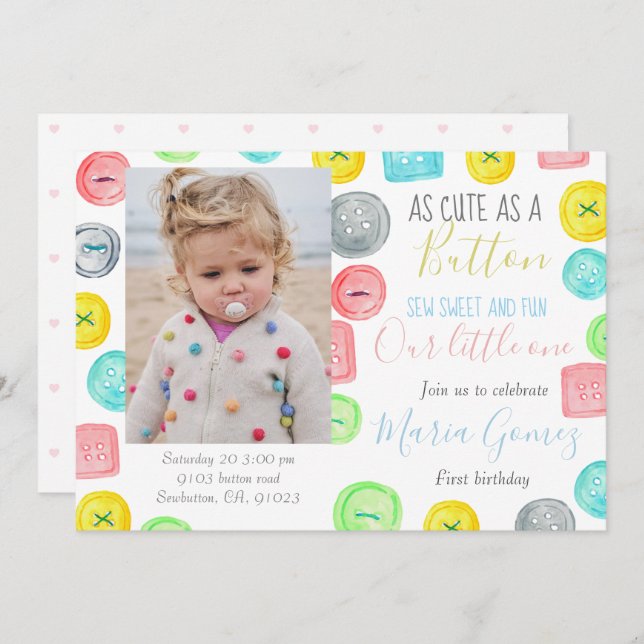 Cute as a button first birthday photo party invite (Front/Back)