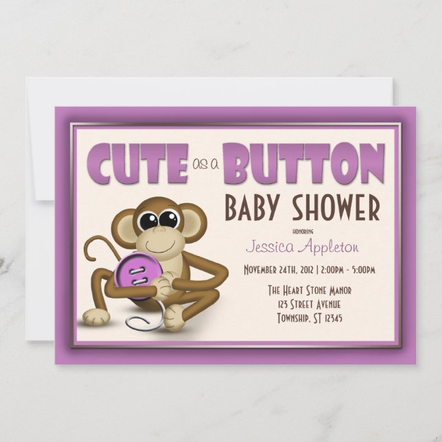 Cute as a Button Purple Baby Shower Invitation (Front)