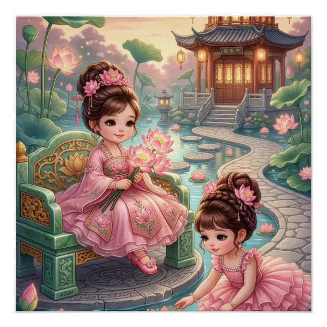 Cute Asian Dolls In Traditional Garden Landscape F Poster | Zazzle