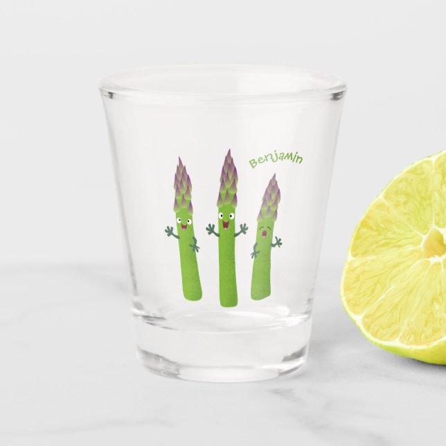 Cute asparagus singing vegetable trio cartoon shot glass (Front)