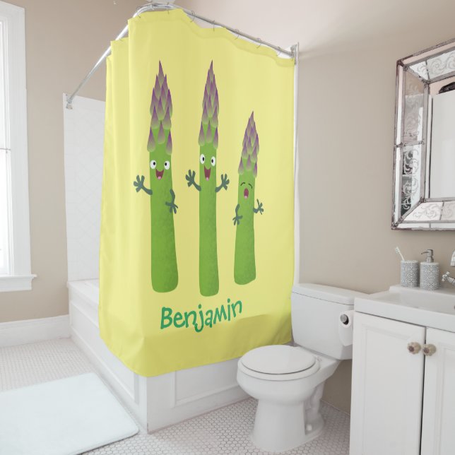Cute asparagus singing vegetable trio cartoon shower curtain (In Situ)
