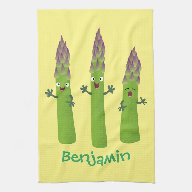 Cute asparagus singing vegetable trio cartoon tea towel (Vertical)