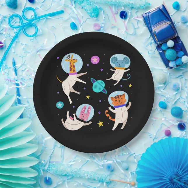 Cute Astronaut Animals Floating in Space Paper Plate (Party)