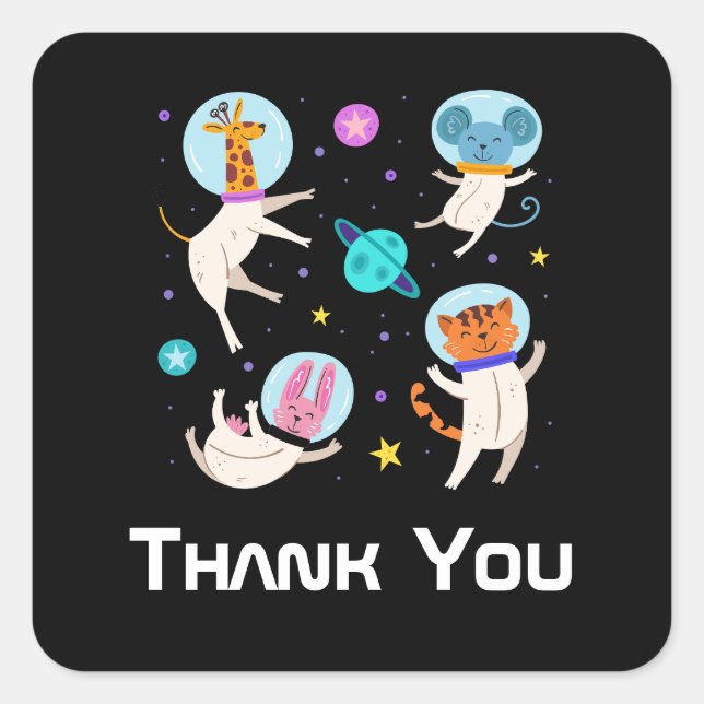 Cute Astronaut Animals Floating in Space Thank You Square Sticker (Front)