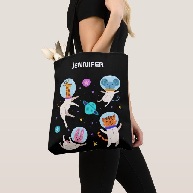 Cute Astronaut Animals Floating in Space Tote Bag (Close Up)