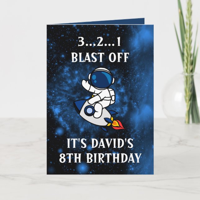 Cute Astronaut Blue Black Galaxy 8th Birthday Card (Front)