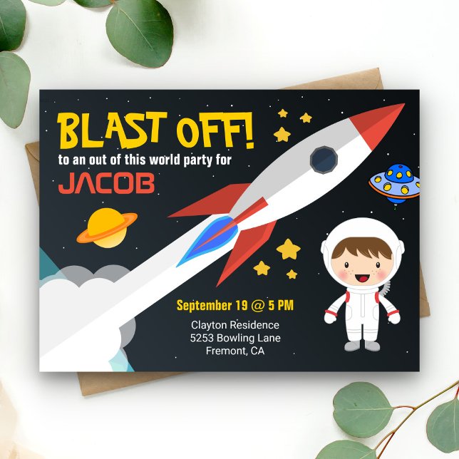 Cute Astronaut Boys Outer Space Birthday Party Invitation Postcard (Creator Uploaded)