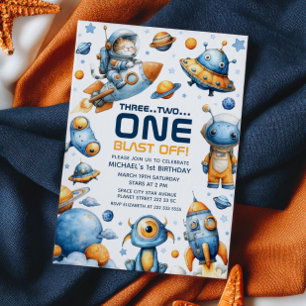 Cute Astronaut Cat Blast Off Space 1st Birthday Invitation
