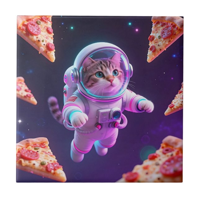Cute Astronaut Cat Floating Pizza Space Adventure Ceramic Tile (Front)