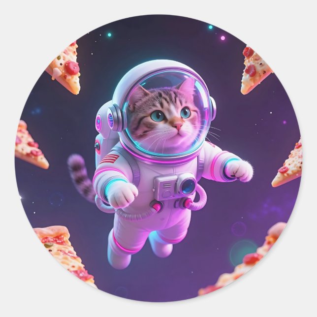 Cute Astronaut Cat Floating Pizza Space Adventure Classic Round Sticker (Front)