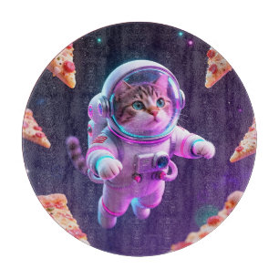 Cute Astronaut Cat Floating Pizza Space Adventure Cutting Board