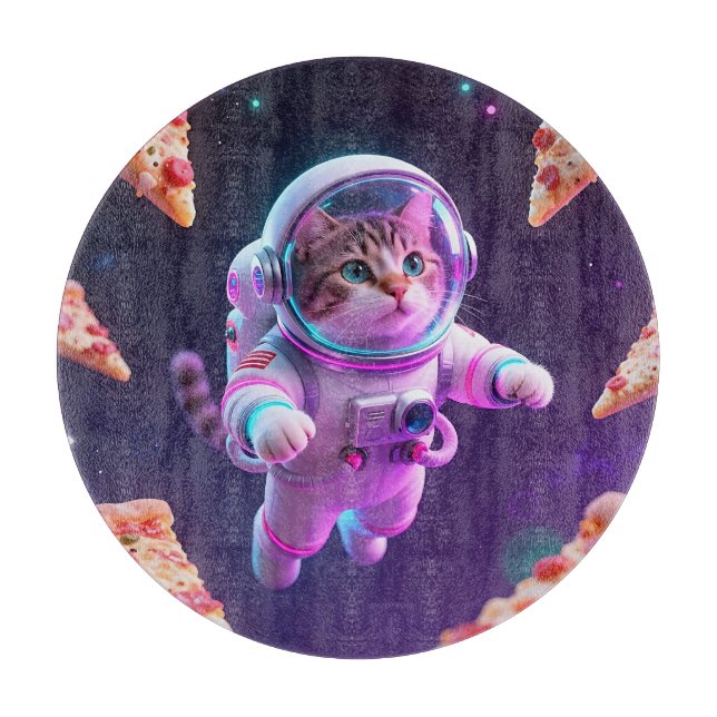 Cute Astronaut Cat Floating Pizza Space Adventure Cutting Board (Front)