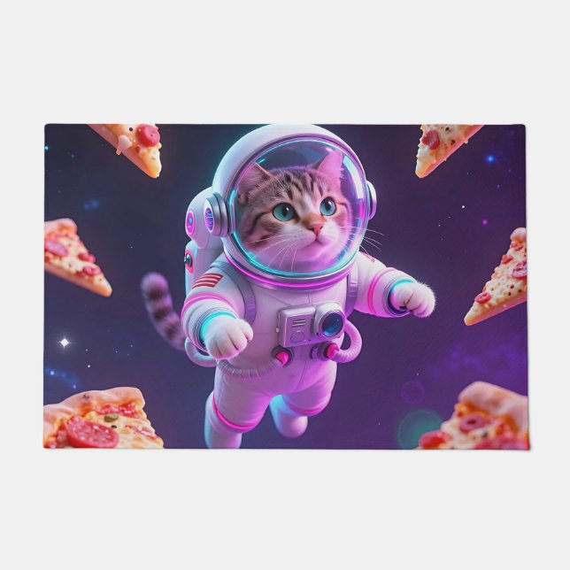 Cute Astronaut Cat Floating Pizza Space Adventure Doormat (Front)