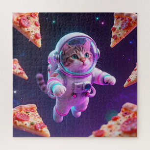 Cute Astronaut Cat Floating Pizza Space Adventure Jigsaw Puzzle