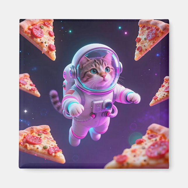 Cute Astronaut Cat Floating Pizza Space Adventure Magnet (Front)
