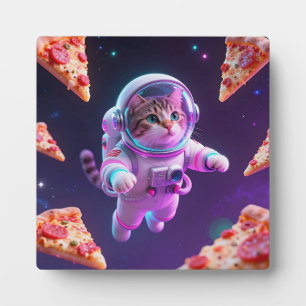 Cute Astronaut Cat Floating Pizza Space Adventure Plaque