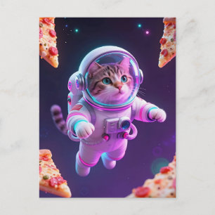 Cute Astronaut Cat Floating Pizza Space Adventure Postcard