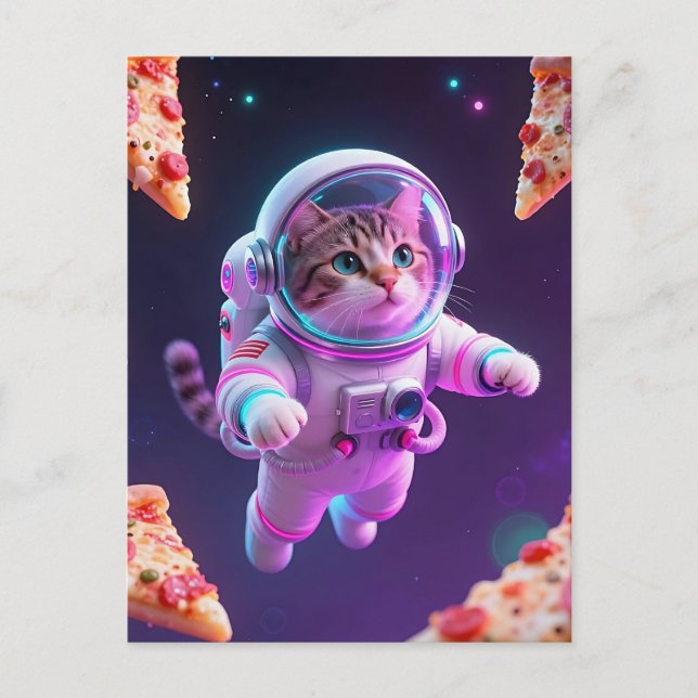 Cute Astronaut Cat Floating Pizza Space Adventure Postcard (Front)