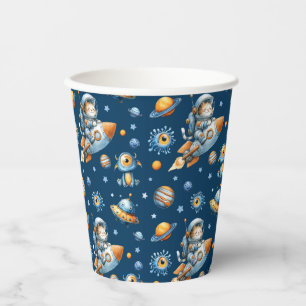 Cute Astronaut Cat Galaxy Pattern Space Navy Blue Paper Cups