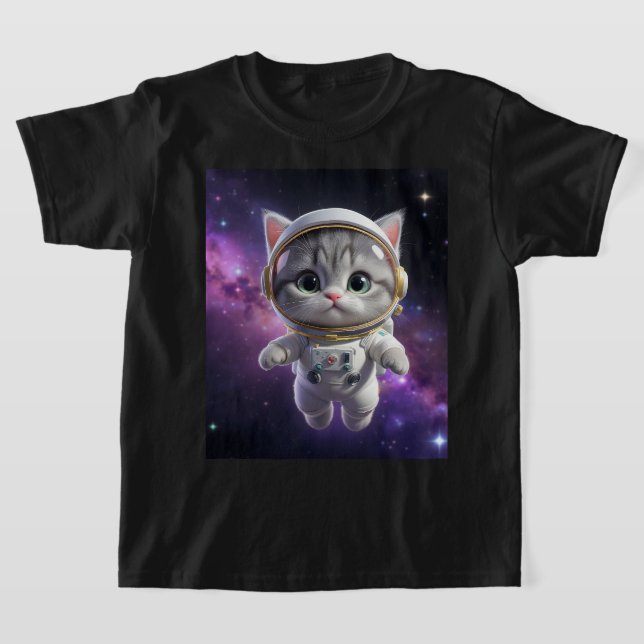 Cute Astronaut Cat in Space - 3D Cosmic Galaxy T-Shirt (Laydown)