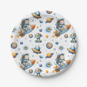 Cute Astronaut Cat Outer Space Pattern Galaxy Paper Plate