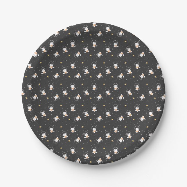 Cute astronaut cat pattern with black background paper plate (Front)